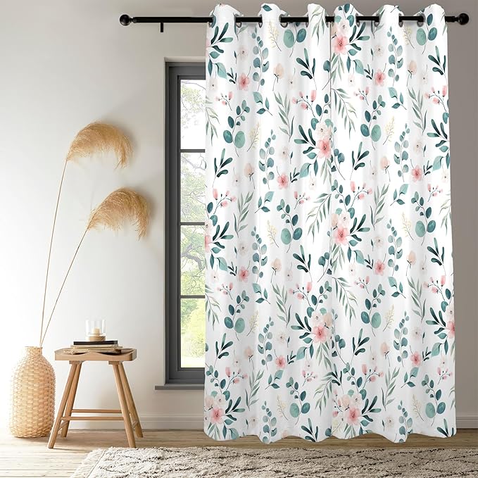 Renaiss Boho Floral Blackout Curtains, Bohemian Flower Plant Print Thermal Insulated Bedroom Window Curtains, Botanical Art Window Curtains for Kitchen, 108" L x 53" W 2 Panel Set