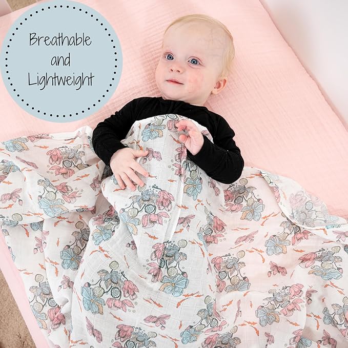 LollyBanks Baby Blanket, 100% Cotton Muslin Swaddle for Baby Girls, Soft and Breathable 47 x 47 Inches Receiving Blanket, Lightweight Newborn Swaddle, Newborn Essentials Must Haves (Lotus Print)