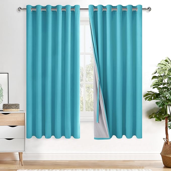 XWZO 100% Blackout Curtains 63 Inches Long with Tiebacks- Completely Shaded & Energy Saving Large Window Panels with Black Liner for Living Room/Bedroom, Turquoise, W70 x L63, Set of 2