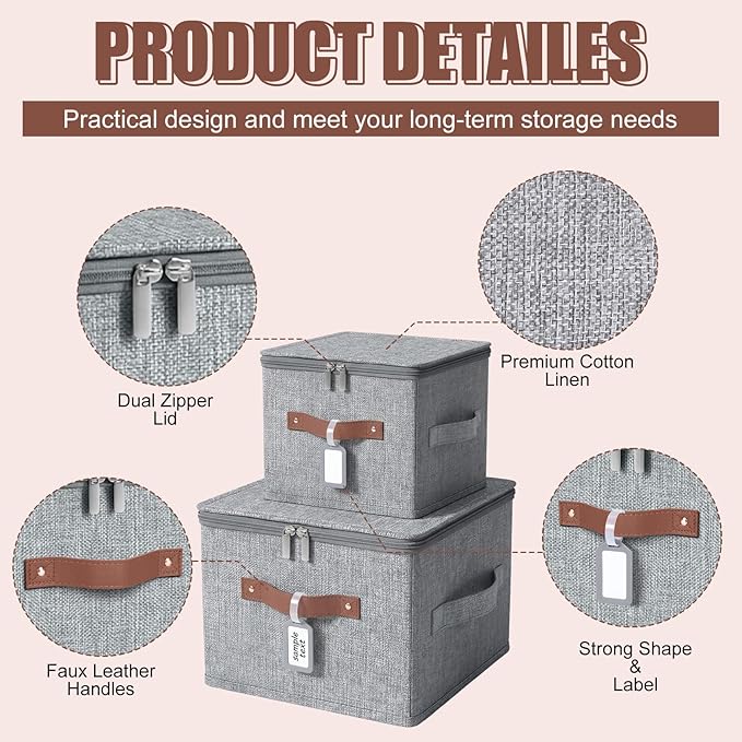 6 Pack Fabric Closet Storage Bins with Zipper Lids and Label, 15x10x10In Large Size Foldable Cotton Linen Storage Cubes Boxes with PU Leather Handles Holders for Bedroom, Shelf, Nursery, Gray