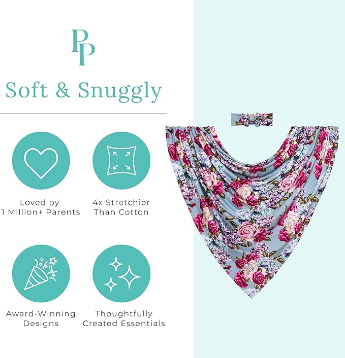 Posh Peanut Swaddle Blanket & Headband Set – Viscose from Bamboo Stretchy Baby Swaddle for Newborn Girls, Receiving Blanket or Nursing Cover (Lacey)