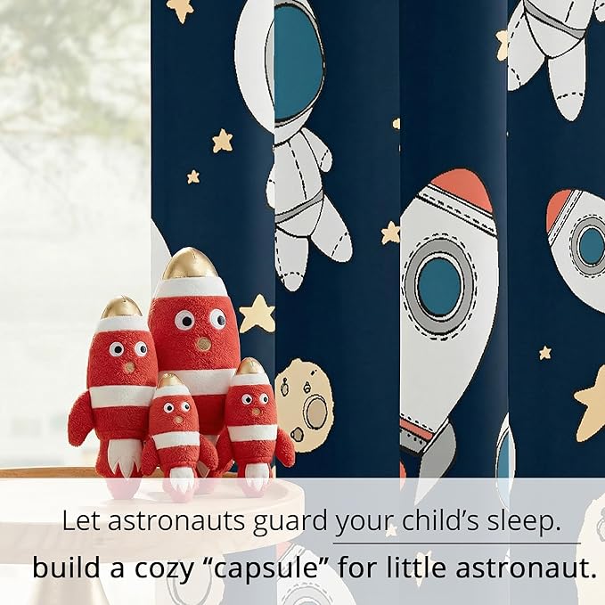 Kids Space Astronaut Planets Rockets Blackout Curtains - 100% Blackout, Thermal Insulated, Noise Reducing, for Kids Room and Nursery, 2 Panels (Astro Buddy Rockets, W52×L84)