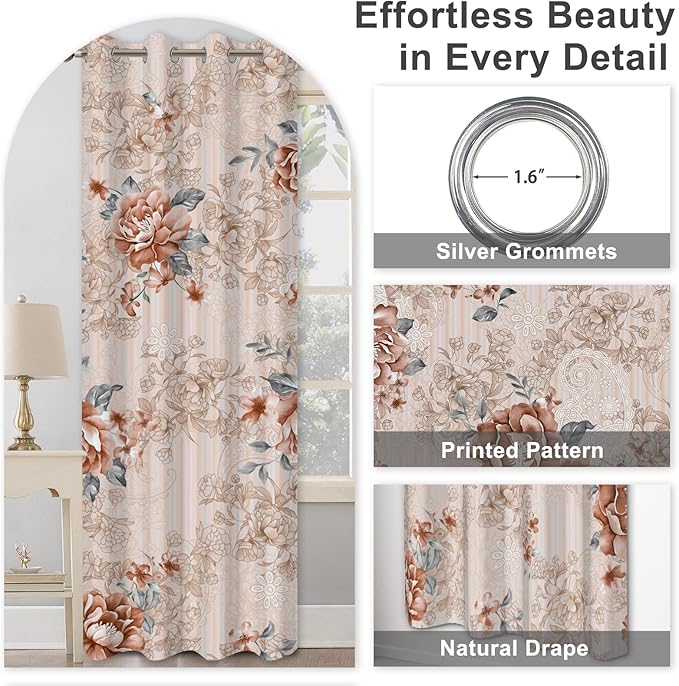 Blackout Curtains for Bedroom 84 Inch Length 2 Panels Set, Beige Pink Floral Black Out Curtains for Girls Room Darkening, Light Filtering Soundproof Grommet Thermal Winter Curtains for Living Room