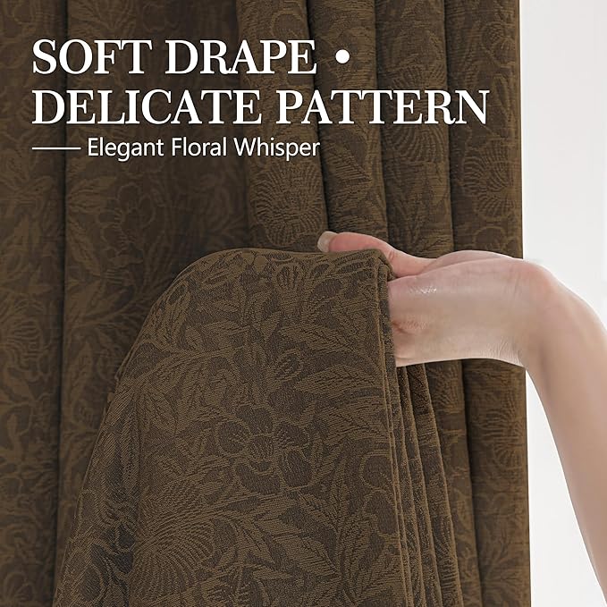 Metro Parlor Brown Floral Blackout Curtains 96 Inches Long for Bedroom, Jacquard Chenille Patterned Vintage Flower Curtains for Living Room Darkening Thermal Insulated Grommet Window Drapes, 2 Panels