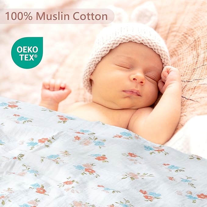 3-Pack 100% Cotton Muslin Swaddle Blankets, Large 47 x 47 Inches — Breathable Soft Receiving Blankets for Newborns, Swaddling Wraps, Registry Gift (Pink Floral Garden)