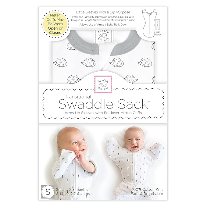 SwaddleDesigns Transitional Swaddle Sack with Arms Up Half-Length Sleeves and Mitten Cuffs, Tiny Hedgehogs, Small, 0-3mo, 6-14 lbs (Better Sleep for Baby Boys, Baby Girls, Easy Swaddle (Pack of 2)