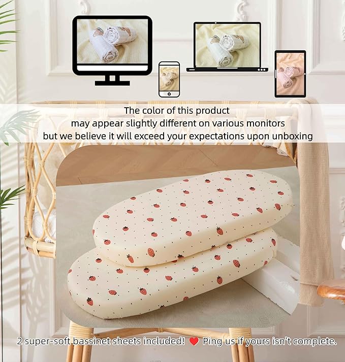 SDY Jersey Strawberry Bassinet Sheets for Baby Girls,32 "x 16 "x 4", 2 Pack,Pink Cute Kawaii Standard Oval/Retangle Fitted Bassinet Sheets for Toddler,Super Soft Breathable