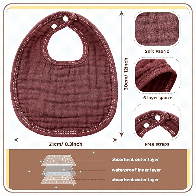 Frienda 6 Pcs Muslin Bibs Burp Cloths for Baby Teething Bandana Bibs 6 Absorbent Layer for Baby Boy Girl Cotton Burping Cloth(Elegant Color)