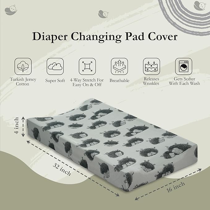Oilo Changing Pad Cover, Breathable 100% Turkish Cotton Fitted Jersey, 300 Thread Count, Machine Washable, Fits Standard Changing Pads (32" x 16"), Girl, Boy, & Neutral Nursery Design, Olive Hedgehog