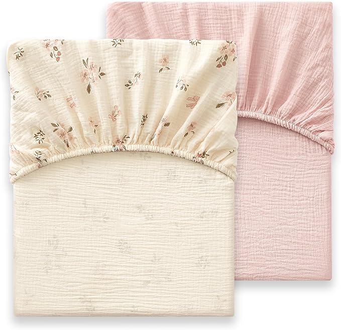 Heavyweight Muslin Baby Crib Sheets - 2PCS 52"x28" Neutral Fitted Crib Sheets for Boys Girls, Breathable Soft 100% Organic Cotton Standard Baby Mattress Sheet (Floral, Pink)