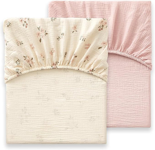 Heavyweight Muslin Baby Crib Sheets - 2PCS 52"x28" Neutral Fitted Crib Sheets for Boys Girls, Breathable Soft 100% Organic Cotton Standard Baby Mattress Sheet (Floral, Pink)