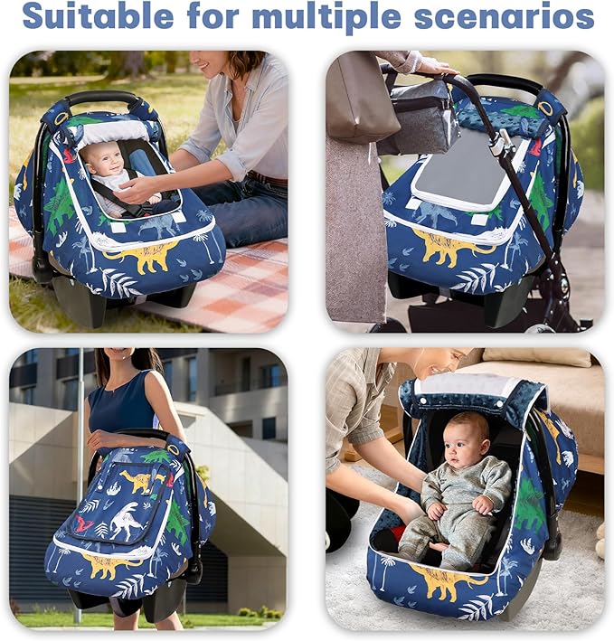 Hooyax Baby Car Seat Cover with Dual Zipper, Extra Large Mesh Window Carseat Canopy, All-Season Weather Protection for Infant Car Seats & Strollers (Dinosaur)