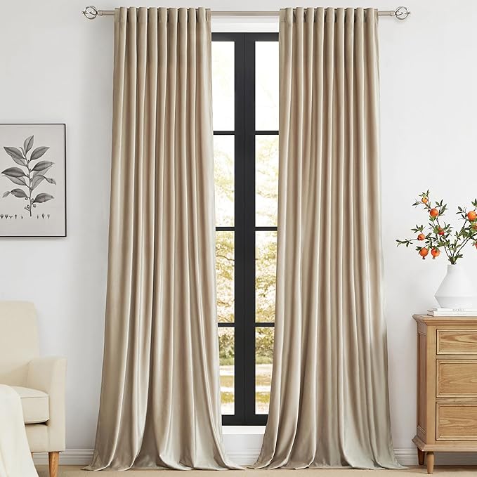 PRIMROSE Champagne Velvet Curtains 102 inch Long for Living Room,Set of 2 Panels Blackout Rod Pocket Back Tab Window Treatment Room Darkening Heavy Decorative Curtains Drapes for Bedroom