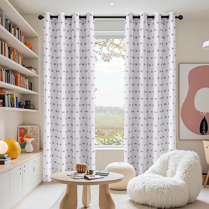 MEETSKY 100% Blackout Curtains for Nursery Bedroom 95 Inch Length 2 Panels, Total Light Blocking Curtains for Girls Room,Grommet Room Darkening Window Drapes with Purple Pom Pom Sheer 52W x 95L