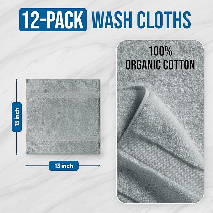 Organic Cotton Wash Cloths Plush Feather Touch Quick Dry Wash Cloths Pack of 12 GOTS & Oeko- TEX Certified | Premium Soft, Absorbent, Small Hand Face Towels Wash Rags– Light Gray