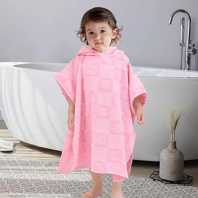 Toddler Bath Towels with Hood, Oversized (2-4Years,22"X22") Made from 100% Soft Cotton,Absorbent Hooded Poncho Towel for Baby Girl,Perfect for Pool | Swimming | Beach,Jacquard Checkered Pink Flower