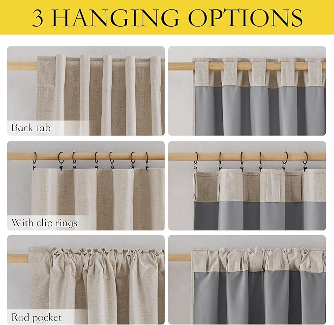 NICETOWN Natural Linen 100% Blackout Short Curtains 48 inches, Thermal Insulated & Noise Reducing Window Draperies with Grey Liner, Short Drapes for Cafe Bar (52" W by 48" L, 2 Panels)