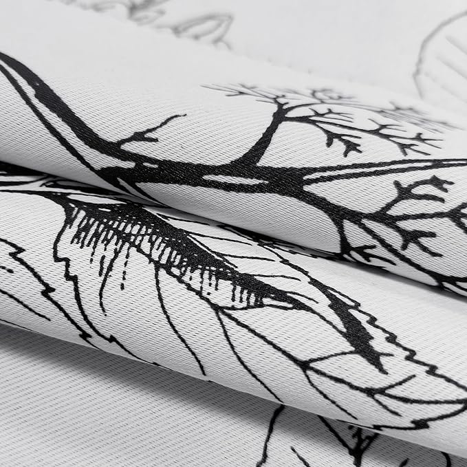 FMFUNCTEX 100% Blackout Floral Curtains 84 Inches Long for Bedroom, Black and White Leaf Drapes for Living Room, Farmhouse Rod Pocket Back Tab Room Darkening Thermal Insulated Window Drapes 2 Panels