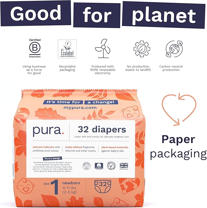 Pura Sensitive Skin Newborn Baby Diapers Trial Pack, Size 1 (4–11 lbs), Totally Chlorine Free, Wetness Indicator, Soft & Gentle, Overnight, Hypoallergenic, Plant-Based 3- Diaper Try Me Pack