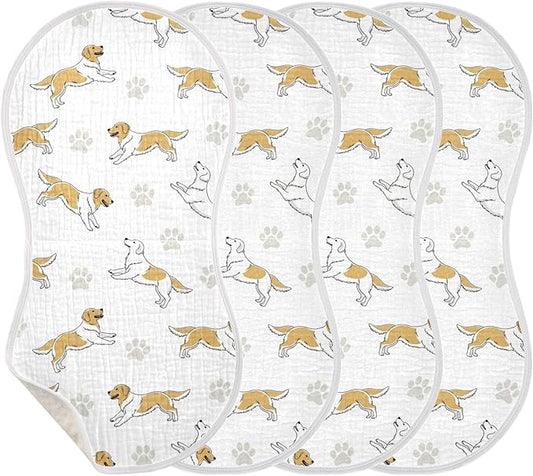 Qinllo 4 Pack Muslin Burp Cloths Golden Dogs Paw Prints White Cotton Baby Burp Cloths Ultra Absorbent Soft Burping Cloth Washcloths for Newborn Baby Boys Girls 22x11 Inch