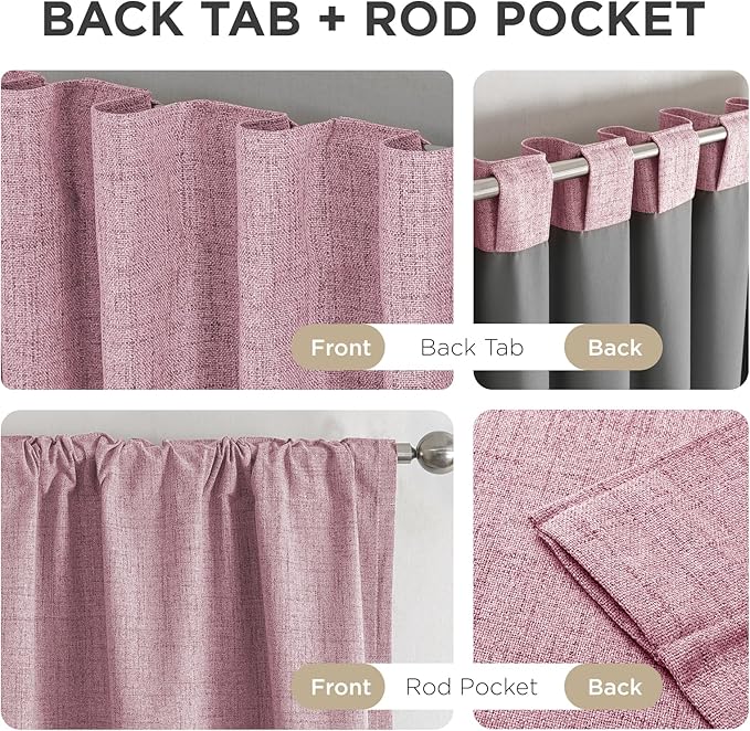 Joydeco Blackout Curtains for Bedroom - 100% Light Blocking 2 Panels Set Pink Drapes 42" W x 63" L, Thermal Insulated Room Darkening Curtains, Linen Textured for Living Room, Rod Pocket & Back Tabs