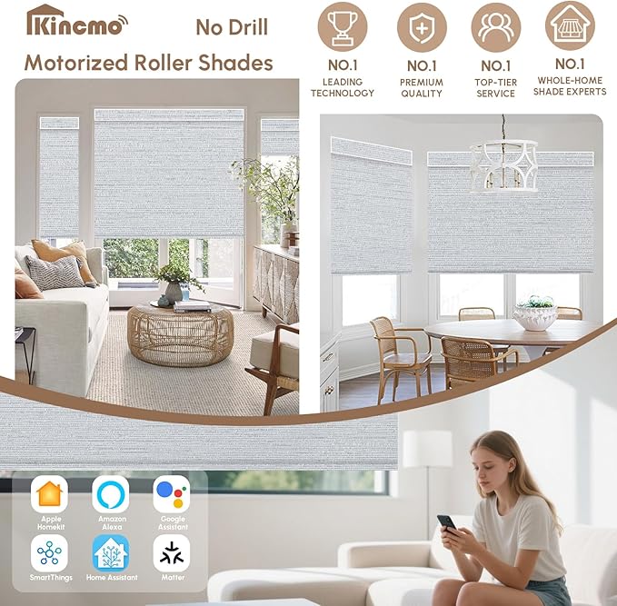 Kincmo No Drill Motorized Blinds with Remote, 100% Blackout Roller Shades for Windows, Custom Electric Blinds Compatible with Alexa, Apple Homekit, Google Home (100% Blackout Elegant Light Grey)