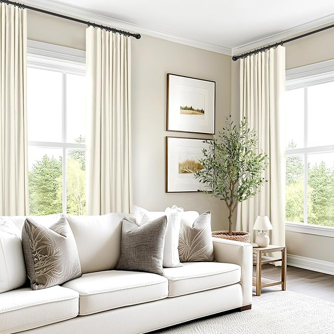 INOVADAY 100% Blackout Curtains for Bedroom, Black Out Curtains 105 Inch Long, Clip Rings Linen Blackout Drapes, Thermal Insulated Room Darkening for Living Room, 2 Panels - Lightcream,W50xL105