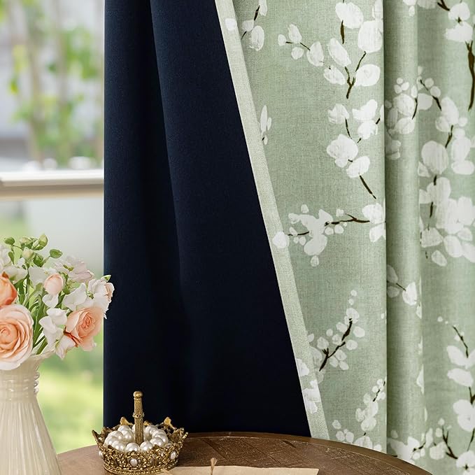 FMFUNCTEX 100% Blackout Floral Curtains for Bedroom, Sage Green Curtains 84 inches Long Blossom Patterned for Living Room, Thermal Insulated Farmhouse Drapes, Grommet Top 2 Panels (White on Green)