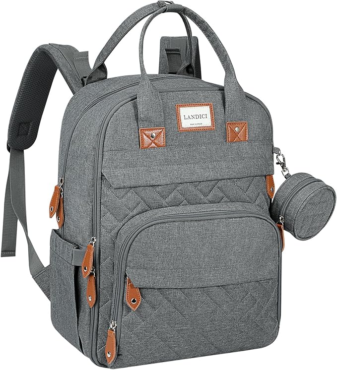 LANDICI Diaper Bag Backpack, Multifunction Baby Diaper Bags with Changing Pad, Stroller Straps & Pacifier Case, Travel Essentials Back Pack for Mom Dad Boy Girl, Large Capacity, Waterproof, Grey