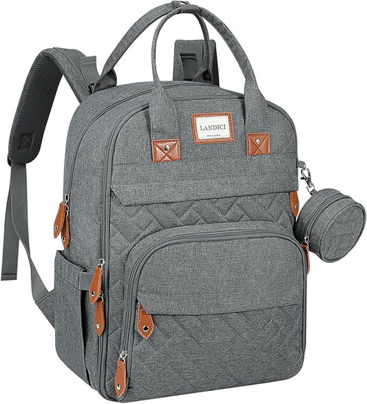 LANDICI Diaper Bag Backpack, Multifunction Baby Diaper Bags with Changing Pad, Stroller Straps & Pacifier Case, Travel Essentials Back Pack for Mom Dad Boy Girl, Large Capacity, Waterproof, Grey