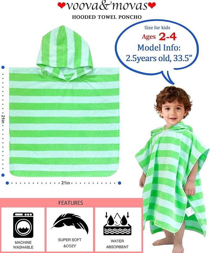 Toddler Poncho Towels with Hood, Oversized (2-4Years,22"X22") Made from 100% Soft Cotton,Absorbent Hooded Towels for Baby Boys,Perfect for Pool | Swimming | Bath | Beach,Green Bar Stripe