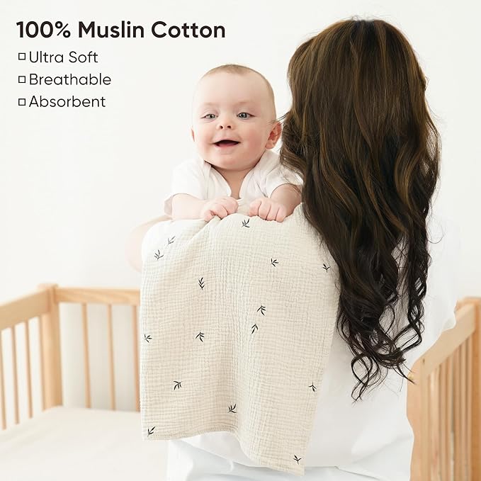 Bearmoss 100% Cotton Muslin Burp Cloths, 6 Pack Absorbent Large Baby Burping Cloths for Boy, Girl, 23.6" X 23.6" Newborn Essentials (White Apricot)