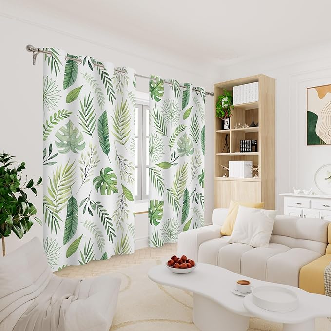 Renaiss Green Leaf Blackout Curtains, Tropical Safari Plants Patterned Thermal Insulated Bedroom Window Curtains, Eucalyptus Botanical Window Curtains for Kitchen, 55" L x 29" W 2 Panel Set