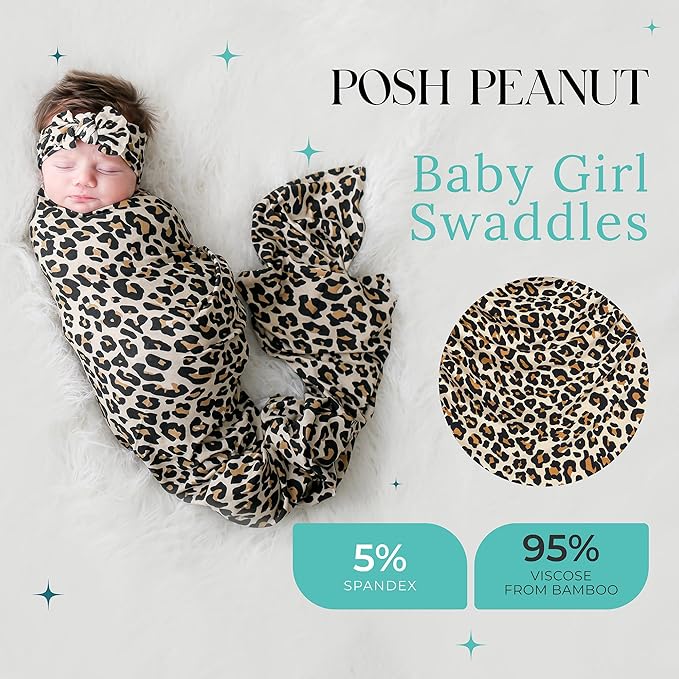 Posh Peanut Swaddle Blanket & Headband Set – Viscose from Bamboo Stretchy Baby Swaddle for Newborn Girls, Receiving Blanket or Nursing Cover