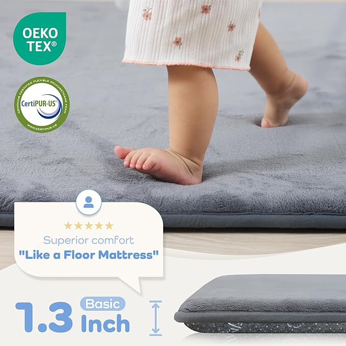 1.3" Thick Baby Bedside Floor Mat for Bedroom, Basic Padded Foam Soft Plush 28x72 Runner Rug with Non Slip Cushioned for Nursery Playroom (Dark Grey)