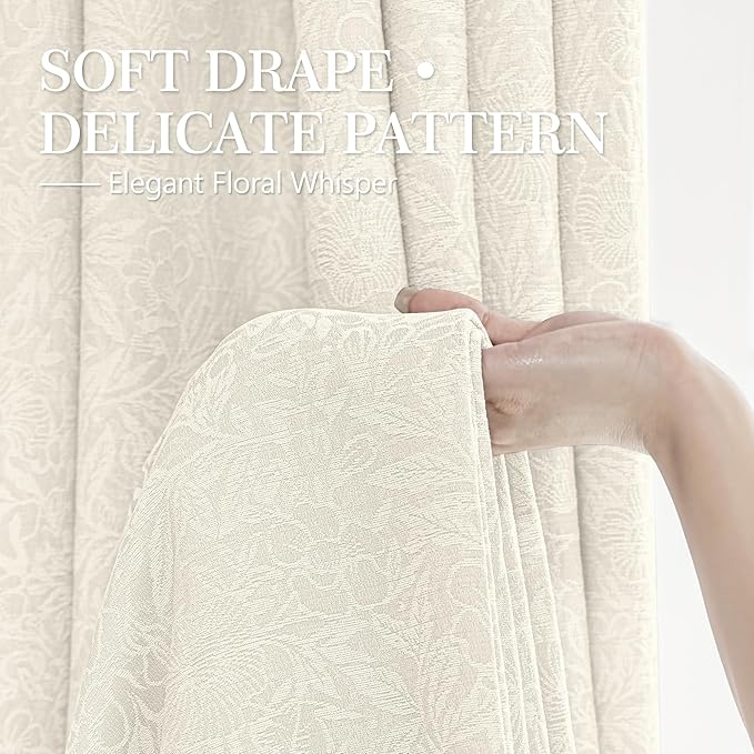 Metro Parlor Cream Floral Blackout Curtains 84 Inches Long for Bedroom, Jacquard Farmhouse French Vintage Flower Curtains for Living Room Darkening Thermal Insulated Grommet Window Drapes, 2 Panels
