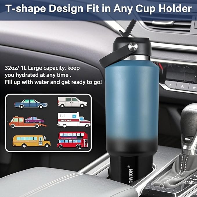 HYDROWION 32 oz Insulated Water Bottle, Car Water Bottle Holder - Double Wall Vacuum Insulated Travel Bottle with Straw Lid, Spout Lid and Flex Cap - Cold for 24H, Hot for 12H, Blue - Black