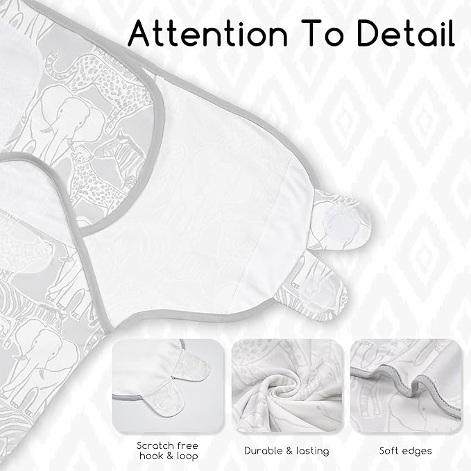 Baby Swaddles for Newborn Organic Cotton,Soft & Snug Newborn Velcro Swaddle 0-3 Months Sleep Sack Helps Calm Startle Reflex, 2-Pack Wrap Nursery Swaddling Blankets Elephant