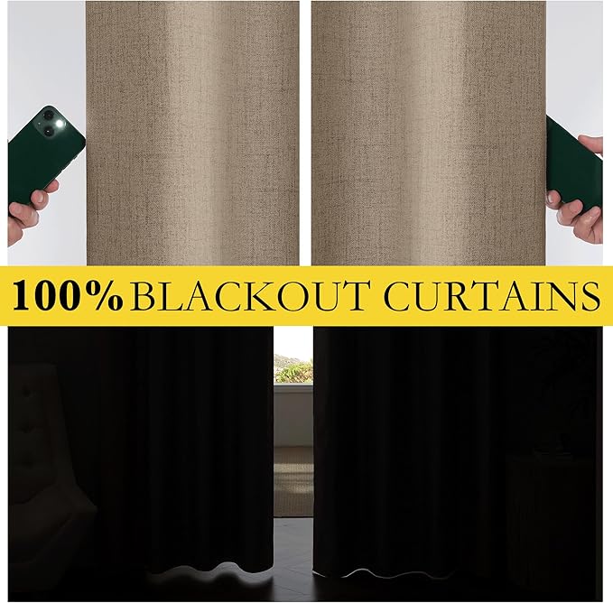 NICETOWN 100% Blackout Linen Curtains 84 inches Long 2 Panels, Thermal Insulated Curtains with Liners for Bedroom, Farmhouse Style Privacy Window Draperies for Living Room, Burlap, W42 per Panel