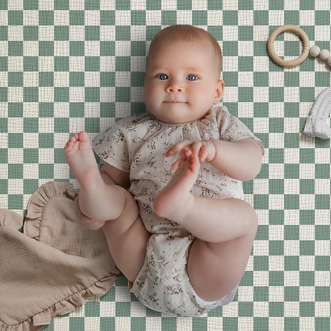 Blissful Diary Muslin Mini Crib Sheets, Pack and Play Mattress Sheets Fitted for Pack N Play, Soft Cotton for Boys Girls, 2 Pack(Sage Checkboard & Sage Green)