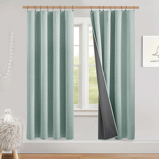 NICETOWN Seafoam Green Bedroom Full Blackout Linen Curtain Panels, Thick Insulated Classic Back Tab Blackout Draperies with White Thermal Insulated Liner for Windows (Set of 2, 52 by 72-inch)