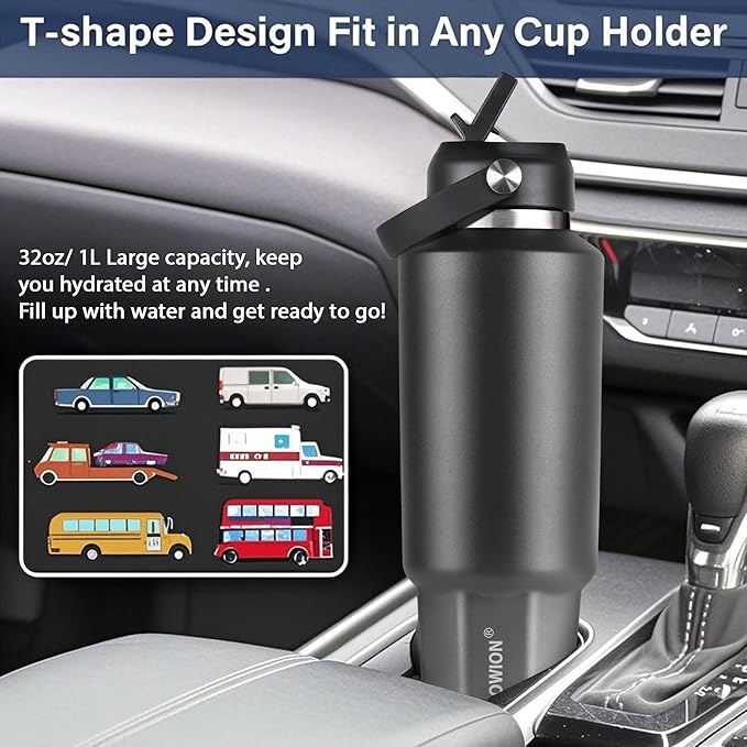 HYDROWION 40 oz Insulated Water Bottle, Car Water Bottle Holder - Double Wall Vacuum Insulated Travel Bottle with Straw Lid, Spout Lid and Flex Cap - Cold for 24H, Hot for 12H, Black - Grey