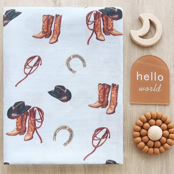 LifeTree Muslin Swaddle Blankets, Western Baby Swaddles for Boys Girls Newborn, Soft Large 47" x 47", Cowboy Boot Print Baby Blanket, 70% Viscose from Bamboo and 30% Cotton