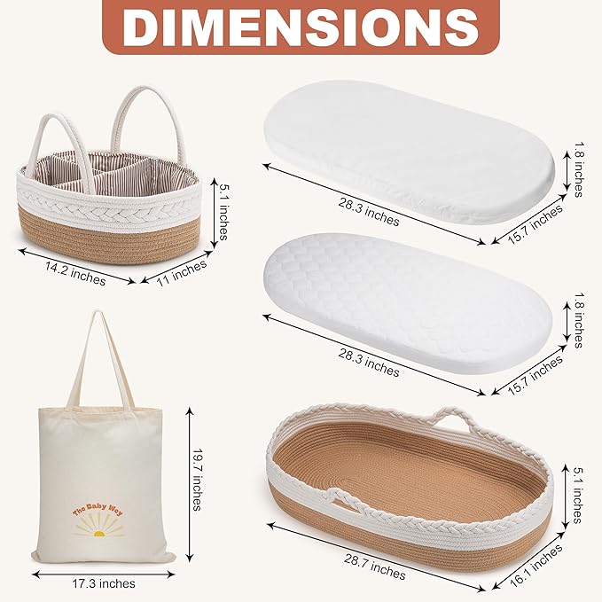 Moses Basket by The Baby Wey, Moses Baskets for Newborn, Baby Changing Basket, 2 Washable Waterproof Pad Covers, Diaper Caddy, Tote Bag, Portable Changing Pad