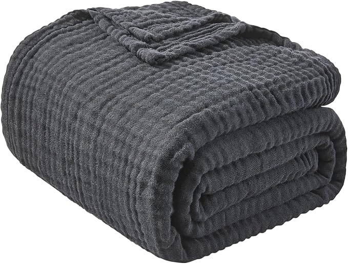 EMME Cotton Muslin Queen Blanket Bed Layering Breathable Gauze Blanket Soft Lightweight Blankets Adults (Black, 90"x90")