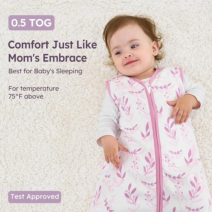 Unnivoll Baby Sleep Sack 6-12 Months 3 Pack 100% Cotton Lightweight 0.5 TOG Wearable Blanket Baby Sleep Bag with 2-Way Zipper for Newborn Infant Purple Leaf