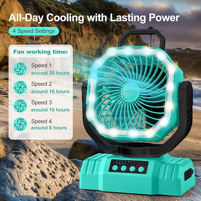 Odoland Portable Camping Fan with LED Lantern, 20000mAh Rechargeable Battery Powered Fan with Auto Oscillation, Timer, Remote, 360° Rotation Hook, 4 Speeds for Power Outage Travel Home, Cayan