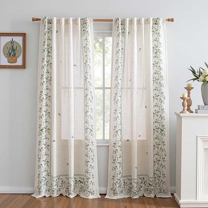 MYSKY HOME Boho Linen Blend Curtains 84 inches Long for Living Room Leaf Bird Patterned Farmhouse Drapes Light Filtering Privacy Protect Soft Touch Treatment Back Tab for Home, 50" Wide, Green, 2 Pcs
