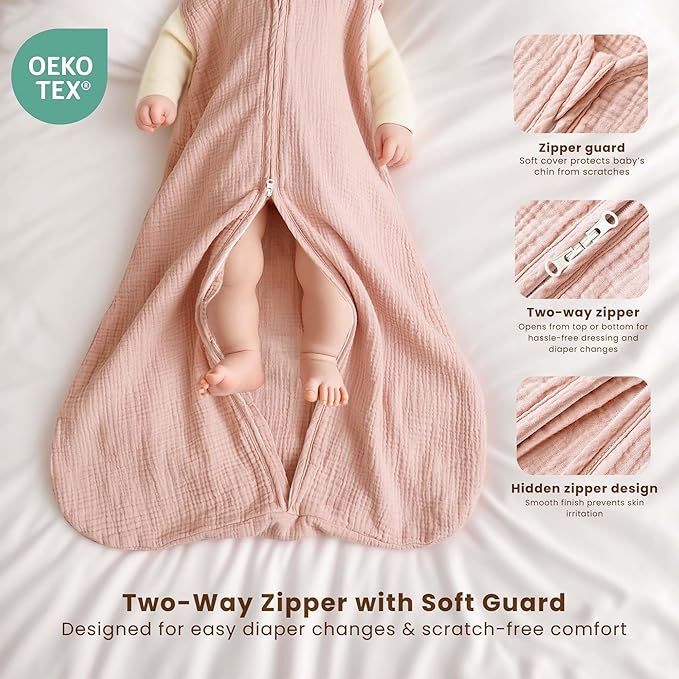 Konssy Muslin Baby Sleep Sack18-24 Months 0.8 TOG, 2 Pack 100% Cotton Wearable Blanket for Babies, 2-Way Zipper Breathable Sleeping Sack Infant Toddler Essentials for Girls and Boys (Blossom, Pink)