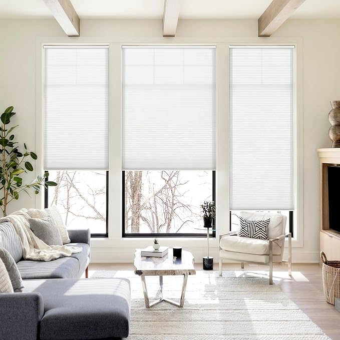 LazBlinds Cordless Cellular Shades, No Tools No Drill Light Filtering Honeycomb Shades Pleated Blinds for Windows, 46'' W x 64'' H, White